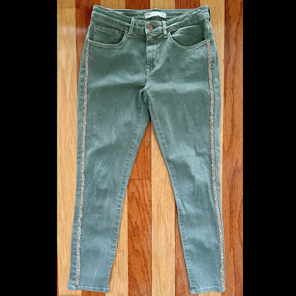 CHIC ZARA Z1975 DENIM JEANS LEGGINGS FADED JADE GREEN GOLD GLITTER STRIPE 8 EU40
